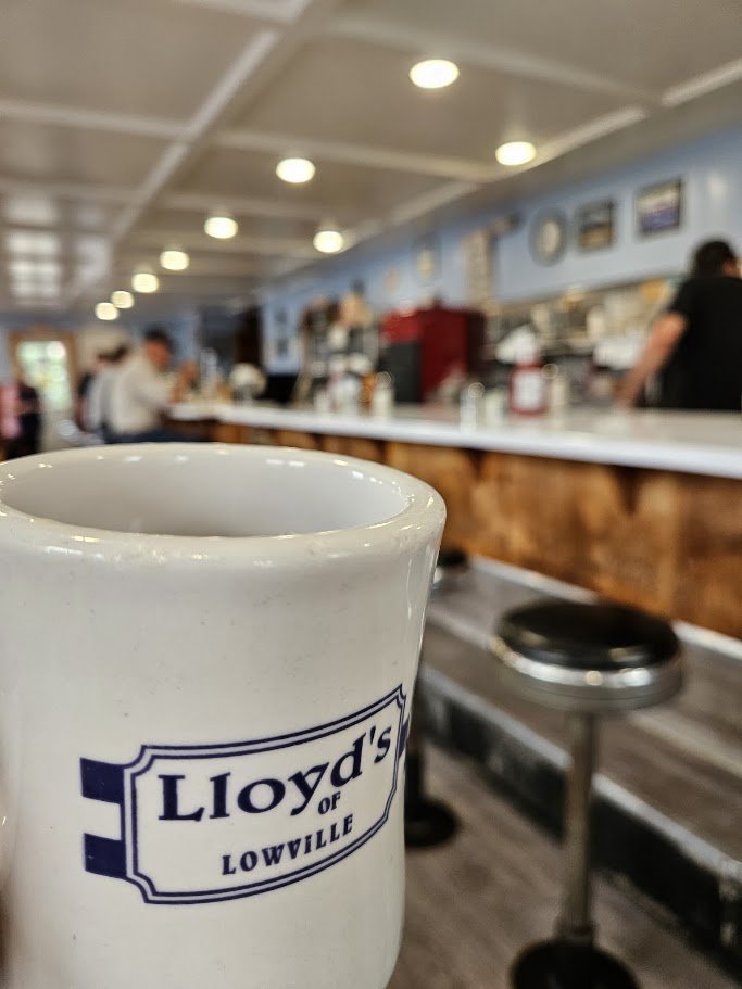 Classic counter seating inside a small-town diner.