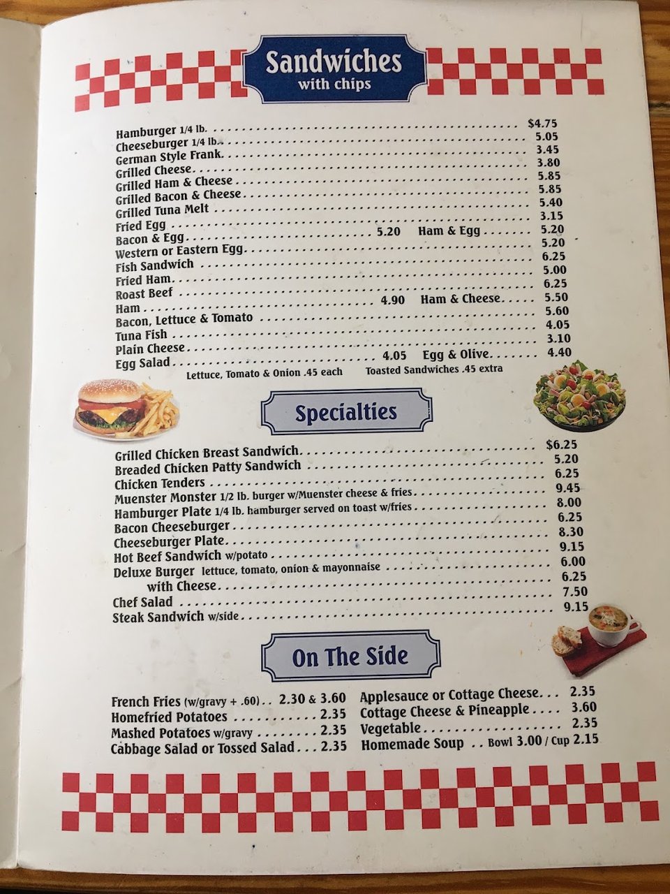 Menu layout with specials, desserts, and beverages.